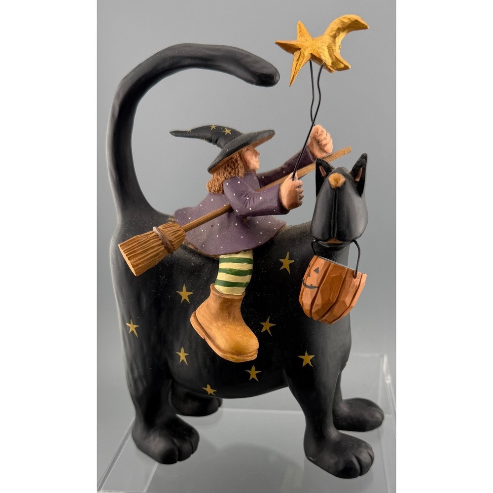 Vintage Williraye Studio Halloween Magic Figurine Witch Riding Black Cat